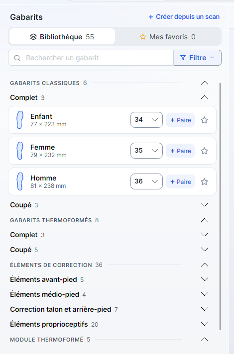 La bibliothèque de gabarits : familles, catégories, contours et boutons « + Paire »