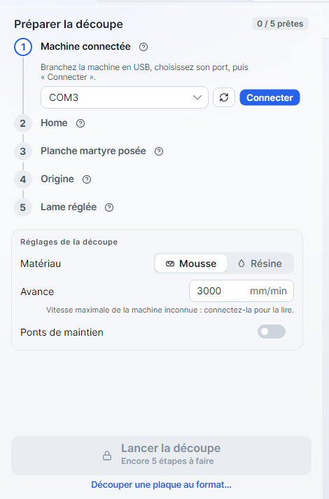 La colonne « Préparer la découpe », machine pas encore connectée : le port COM3 choisi et le bouton « Connecter »
