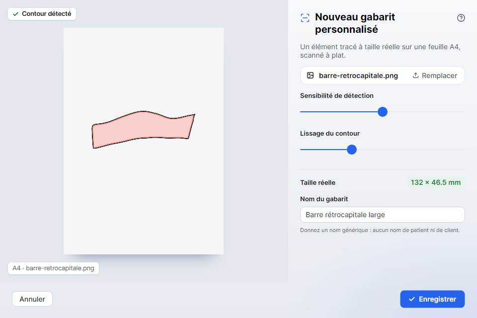 L'assistant « Créer depuis un scan » : le contour d'un tracé A4 détecté, ses dimensions réelles et son nom