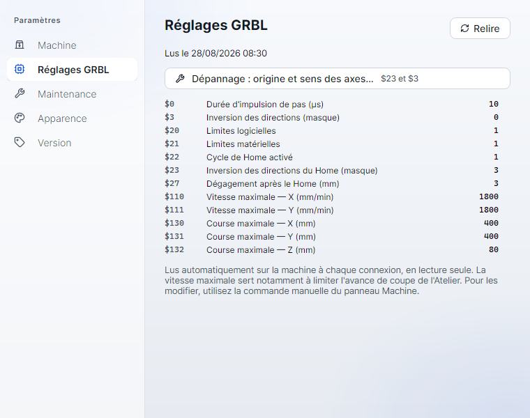 Le bouton de dépannage dans la page Réglages GRBL des paramètres