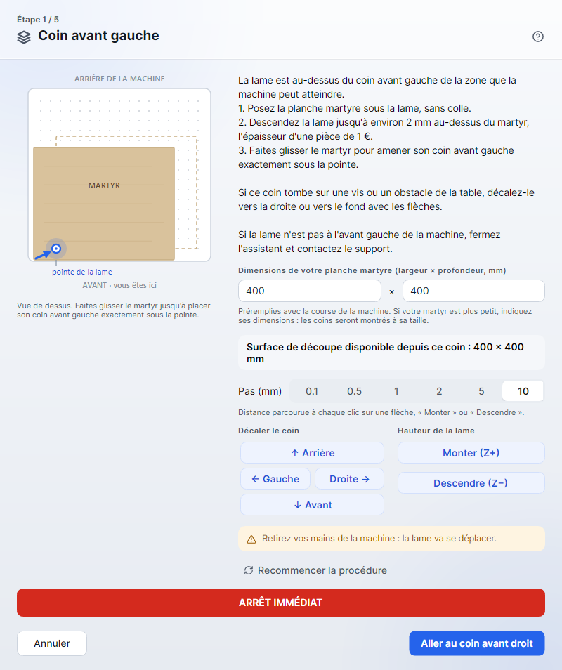 L'assistant à l'étape « Coin avant gauche »